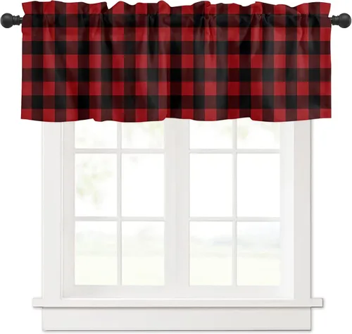 Vista 25 de Cenefa de cortina con lazo rojo de Navidad para ventanas, sala de estar, cocina, baño, granja, bolas de Navidad de acuarela con diseño de bayas
