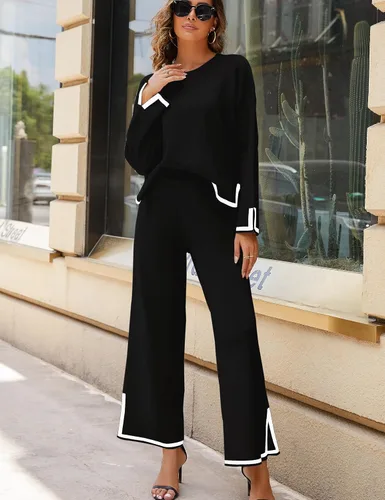 Vista 2 de Faleave Conjunto de 2 piezas de punto para mujer, suéter de manga larga, sin botones, pantalones de pierna ancha, conjunto de ropa deportiva