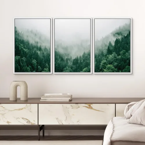 Vista 437 de SIGNWIN Lienzo enmarcado para pared, juego de arte pastel con cadena montañosa, bosque, niebla, naturaleza silvestre, ilustraciones modernas, arte