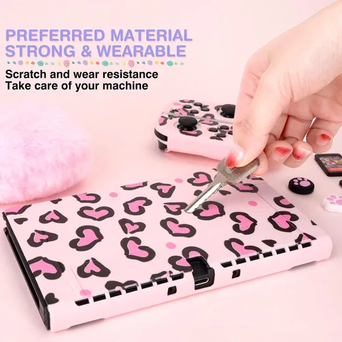 Vista 4 de DLseego Pink Love Leopard Carrying Case for Switch OLED, Cute Silicone Protective Soft Cover with 4PCS Thumb Grip Caps and Pink Plush Heart Pendant