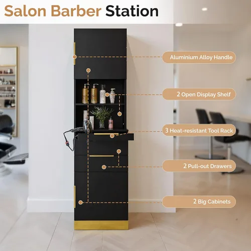 Vista 4 de OmySalon Estación de peluquería, estación de peluquería para estilista, gabinete de almacenamiento de belleza con acabado de acero inoxidable, Negro