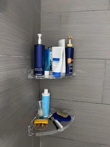 Vista 6 de JiePai Estante esquinero de acrílico para ducha con ganchos, paquete de 2, organizador adhesivo de ducha de baño montado en la pared