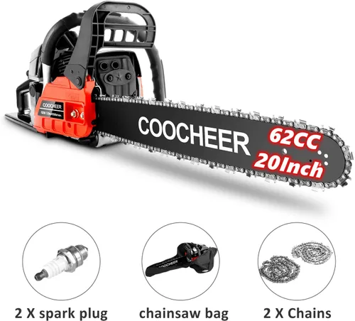 Vista 8 de COOCHEER Motosierras a gas de 62 cc, motosierra de gasolina de 20 pulgadas y 3.5 HP de 2 tiempos con tocones de árboles, extremidades, tala