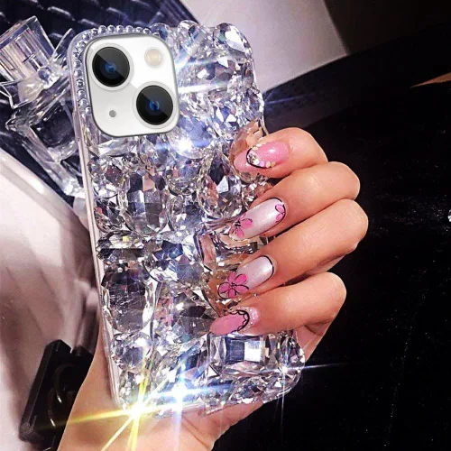 Vista 13 de Funda de lujo con pedrería para iPhone 15, funda de teléfono con purpurina 3D brillante y diamantes, color negro