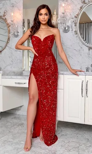 Vista 4 de KNCERY - Vestidos de fiesta de lentejuelas con cuello en V, largo con abertura, sin tirantes, vestidos formales para mujer