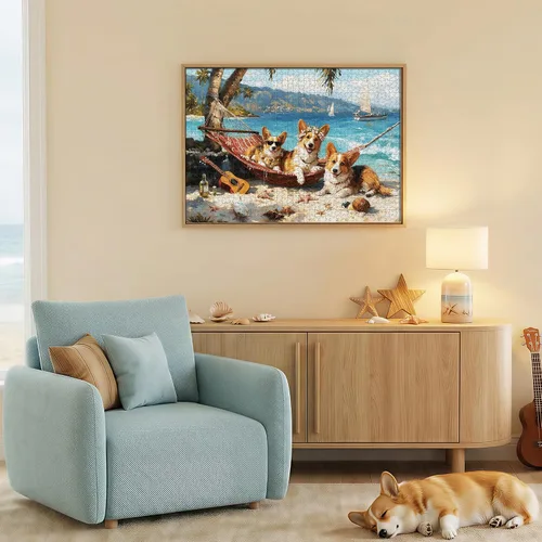 Vista 2 de Rompecabezas para adultos de 1000 piezas, rompecabezas de 1000 piezas con letras en la parte posterior, rompecabezas de perro Corgi Happy Beach
