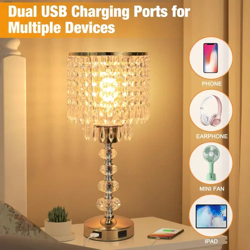 Vista 10 de Lámpara de mesa de cristal con control táctil, regulable de 3 vías, lámpara pequeña para mesita de noche con 2 puertos de carga USB, lámpara de mesa