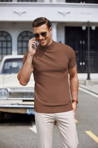 Vista 2 de COOFANDY Suéter de cuello alto falso para hombre, de manga corta, color sólido, básico, ajustado, de punto