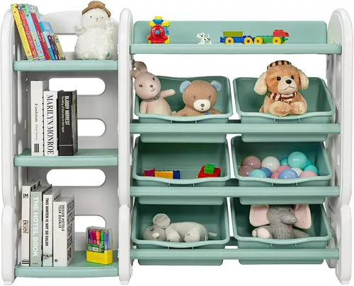 Vista 10 de HONEY JOY Organizador de almacenamiento de juguetes para niños de 4 niveles con 6 contenedores, unidad de almacenamiento de juguetes 2 en 1