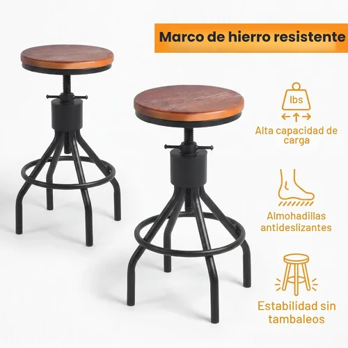 Vista 7 de Juego de 2 taburetes de bar industriales, taburete giratorio de altura ajustable con asiento de madera maciza, silla de bar con marco de hierro