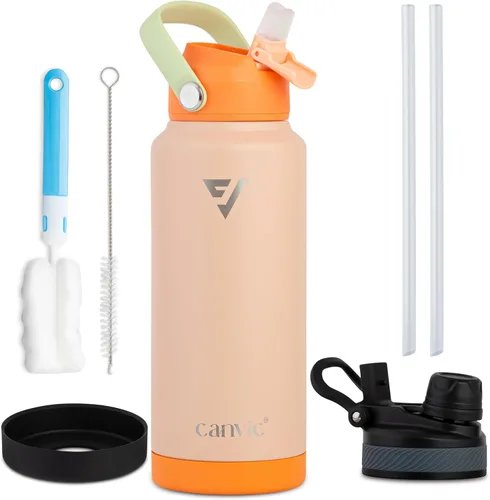 Vista 10 de Canvic DualSip - Botella de agua de acero inoxidable aislada al vacío de 32 onzas, 2 tapas a prueba de fugas (pajilla y pico), boca ancha, sin BPA