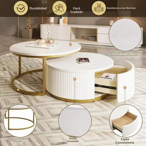 Vista 7 de Moderna mesa de centro redonda multifuncional acanalada con cajón mesa auxiliar para sala de estar, color blanco y dorado 27.5"d+23.5"d blanco y oro