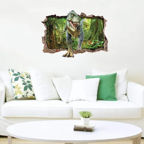 Vista 4 de Calcomanías de pared de bosque de dinosaurios 3D, calcomanías de pared aplastadas, decoración artística para niños, dormitorio, guardería, bricolaje