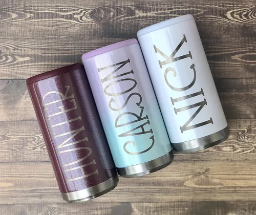 Vista 8 de Enfriador de latas delgado personalizado de acero inoxidable, enfriador de latas delgadas grabado con láser, funda de acero inoxidable de 12 onzas