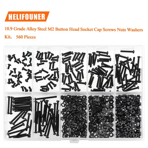 Vista 4 de HELIFOUNER 560 Piezas M2 x 4 mm / 6 mm / 8 mm / 10 mm / 12 mm / 16 mm / 20 mm, Kit de Tornillos de Cabeza de Botón con Arandelas y Tuercas, Acero