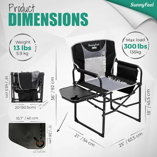 Vista 3 de SUNNYFEEL Silla de Directores de Camping, Silla Plegable Portátil de Gran Tamaño con Mesa Lateral, Bolsillo para Playa, Pesca, Viaje, Picnic