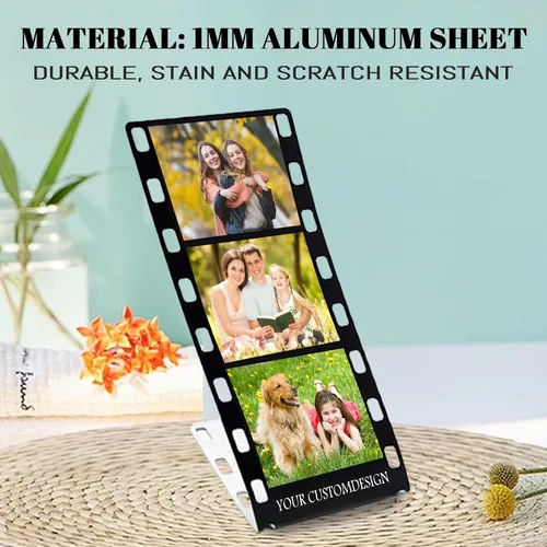 Vista 4 de Marco de fotos con tira de película personalizada, nombres y texto, rollo de cámara personalizado retro de aluminio, regalo de imagen con logotipo