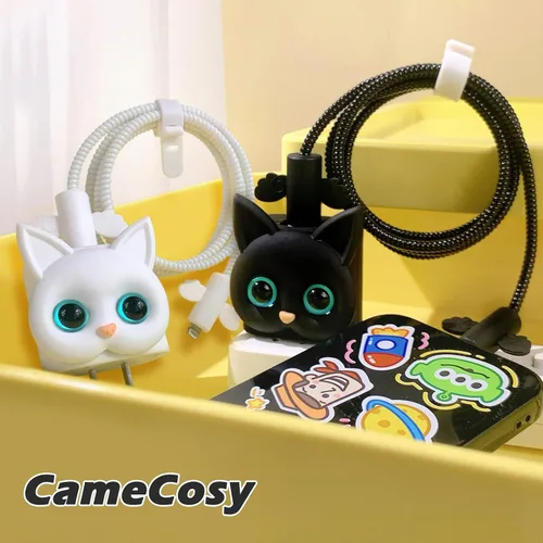 Vista 7 de Protector de cable de dibujos animados para cargador de iPhone, diseño de gato Kawaii 3D, cubierta de cable de línea de datos, protector de cable