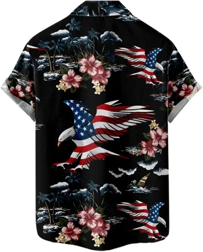Vista 2 de HAPNBCELE Camisa hawaiana para hombre, estampado de bandera tropical americana, casual, manga corta, hawaiana con botones