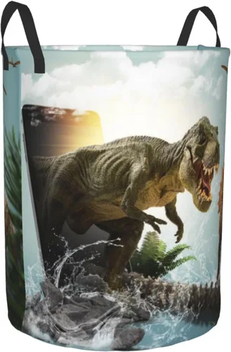 Vista 2 de Cesta de lavandería de dinosaurio 3D con asa duradera, impermeable, plegable, cesta de almacenamiento de ropa sucia circular para baño, dormitorio