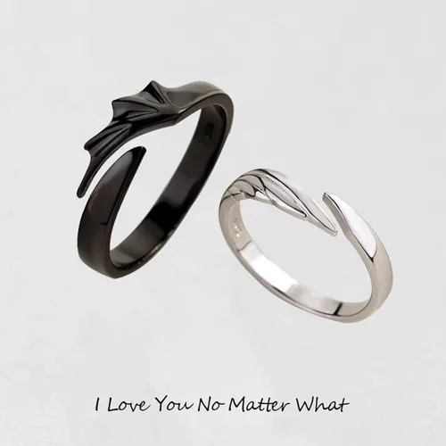 Vista 4 de Anillo abierto para hombres y mujeres, con ala de dragón, ajustable, color blanco y negro, anillo de promesa para novio, novia