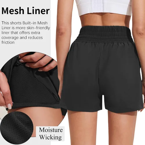 Vista 2 de PINSPARK Womens High Waisted Running Shorts Elastic Athletic Workout Shorts with Sport Liner Zipper Pocket
