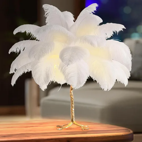 Vista 10 de MAYOLA Lámpara de mesa moderna de plumas de avestruz con cable enchufable, lámpara de pie de noche de 3 luces para sala de estar, dormitorio
