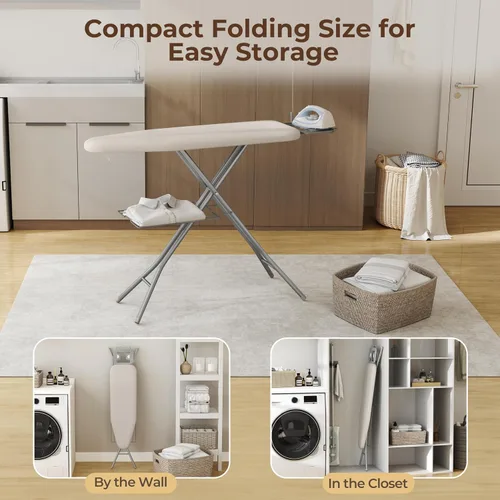 Vista 9 de Yaheetech Tabla de planchar, tabla de planchar compacta con soporte para cable, soporte para plancha de vapor y bandeja de almacenamiento inferior