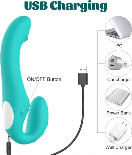 Vista 7 de Vibradores de consolador sin tirantes, juguetes sexuales para adultos, lesbianas con 9 modos de vibración, vibrador de doble extremo con control
