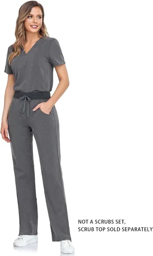 Vista 7 de COMENII Pantalones médicos para mujer, pantalones de tiro medio de pierna recta con cintura de yoga de punto, pantalones quirúrgicos antiarrugas