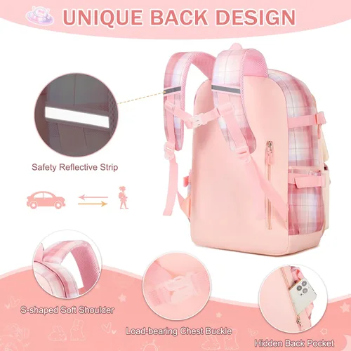 Vista 4 de Juego de mochila para niñas, mochila infantil para niñas, mochila escolar Kawaii Bunny para niña, jardín de infantes, primaria, preescolar, Tartán