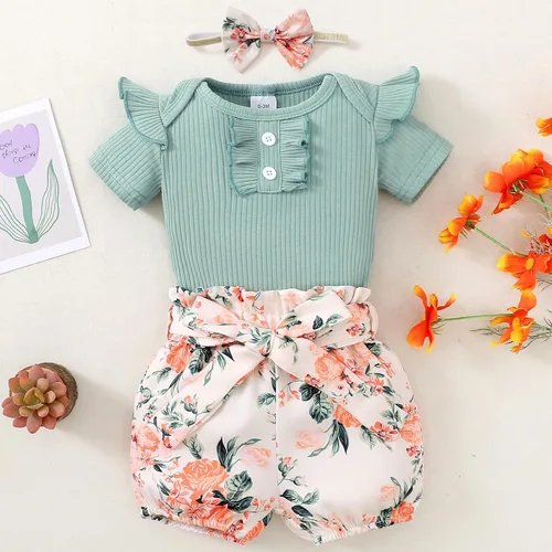 Vista 8 de Mioglrie Conjunto de ropa para bebé recién nacida, conjunto de pantalones cortos, lindos trajes de verano para bebés, ropa de bebé de algodón