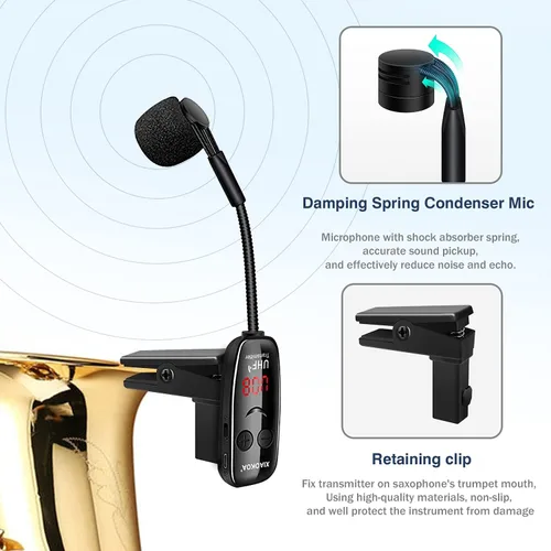 Vista 2 de Micrófono inalámbrico para saxofón, micrófonos UHF para saxofón, micrófono con clip de carga y pantalla digital, para trompeta, tuba, trombón