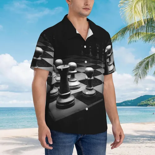 Vista 5 de Camisas hawaianas para hombre, 3D, color negro, blanco, ajedrez, batalla, casual, con botones, tropical, playera