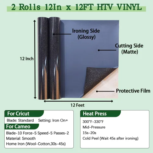 Vista 2 de guangyintong Rollo de vinilo de transferencia de calor negro con purpurina, 2 rollos de vinilo para planchar de 12 pulgadas x 12 pies para 2-Negro