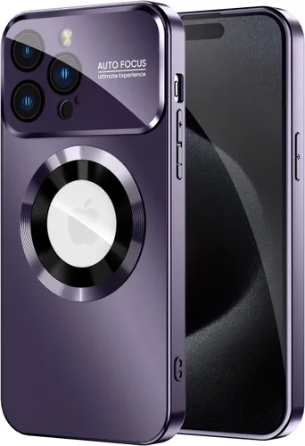 Vista 10 de MAKAVO Funda magnética para iPhone 15 Pro Max, compatible con MagSafe, protector de lente de cámara integrado, vista de logotipo, cubierta de Negro