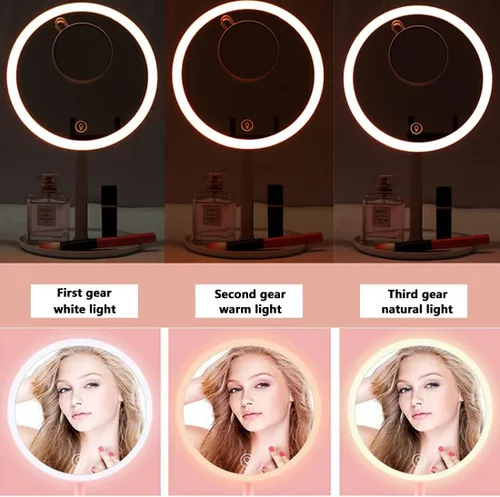 Vista 5 de Espejo LED de maquillaje de viaje con luces, con un mini espejo compacto portátil de tamaño de bolsillo con aumento 5X, base redonda, rosa