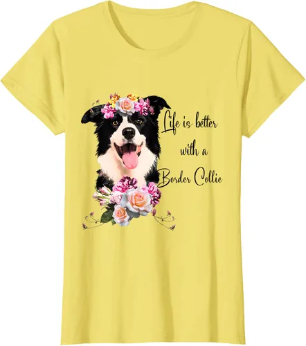 Vista 44 de Life is Better With a Border Collie - Camiseta de perro lindo con flores, gris, S Gris Oscuro