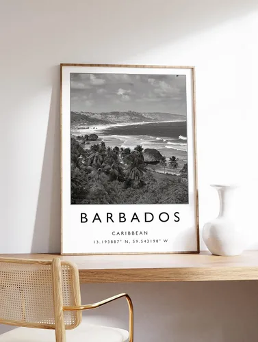 Vista 2 de Impresión de pared de Barbados, arte de pared de Barbados, impresión de pared del Caribe, arte de viajes, arte de pared, en blanco y negro, viajes