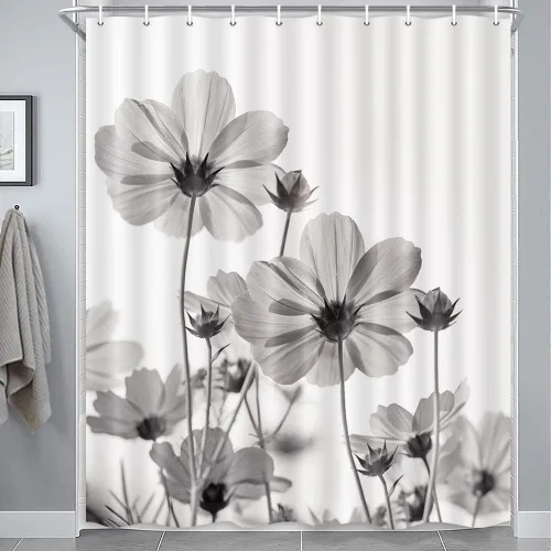 Vista 48 de MERCHR Cortina única floral azul para decoración de baño, cortina de ducha estilo granja con flores de margarita azul y gris elegantes y diseño