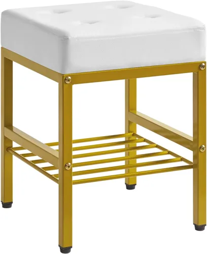 Vista 14 de IBUYKE Taburete de maquillaje rectangular con pies ajustables y espacio de almacenamiento, silla reposapiés, asiento de tocador de PU, multiusos