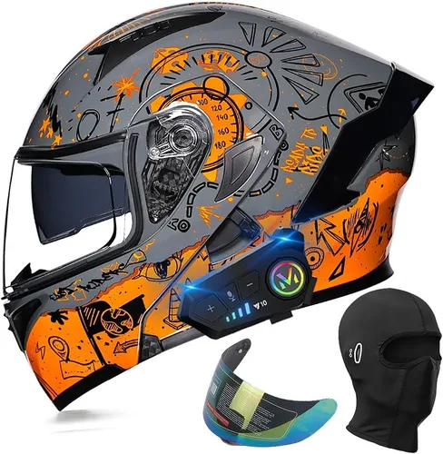 Vista 14 de Casco de motocicleta modular con Bluetooth, aprobado por DOT, casco de cara completa abatible, con visera doble, altavoces duales y micrófono