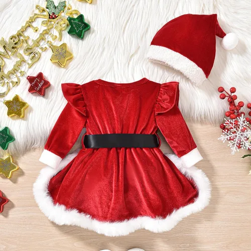Vista 3 de Mameluco de Navidad para bebé recién nacida, vestido de terciopelo rojo, 2 piezas, ropa de Navidad para bebé Rojo A