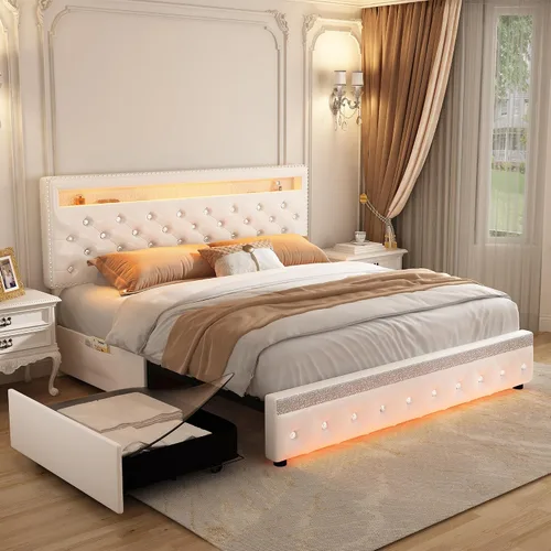 Vista 10 de SIBEDS Base de cama completa con LED y 2 cajones, marco de cama de plataforma de metal resistente de tamaño completo con cabecera ajustable