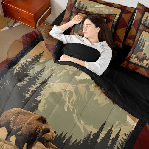 Vista 72 de Feelyou Juego de edredón de ciervo con sábanas – Tamaño Queen 7 piezas Juego de ropa de cama infantil de caza rústica – Cama de ciervo de cabaña