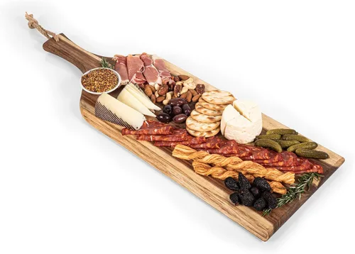 Vista 5 de PICNIC TIME Monogram - A - Tabla de embutidos de acacia personalizada de 24 pulgadas con borde de madera cruda, tabla de queso, plato para servir