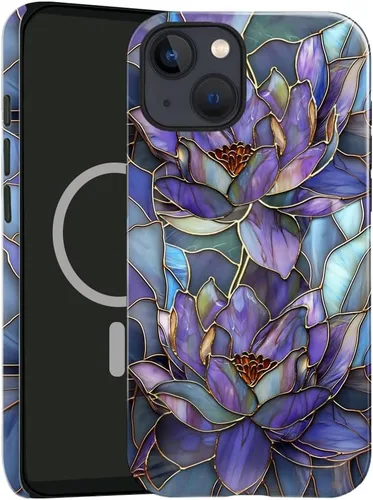 Vista 17 de Funda compatible con iPhone 13, compatible con MagSafe, funda híbrida de 2 capas con prevención de caídas brillante para niñas y niños, arte floral