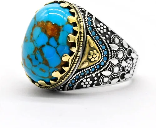 Vista 8 de Retro Natural Turquoise Ring for Men, 925 Sterling Silver Oval Sky Blue Stone Statement Ring,Turkish Vintage Engraving Design Handmade
