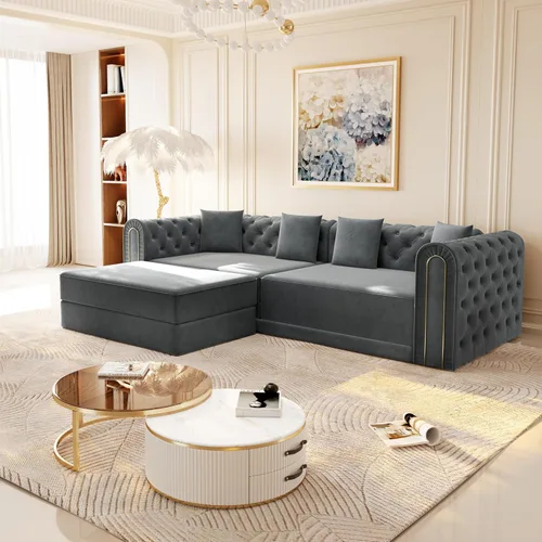 Vista 12 de Eafurn Sofá de dos plazas Chesterfield de gran tamaño 3 en 1, sofá cama convertible extraíble tamaño King con otomana movible y ribete de cabeza