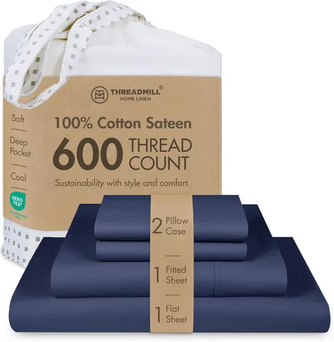 Vista 29 de Threadmill Sábanas de tamaño matrimonial, 100 % algodón puro de 600 hilos, 4 piezas, damasco, gris oscuro, calidad de hotel, sábanas de algodón